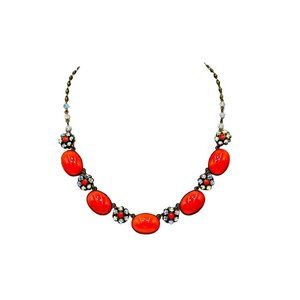 Liz Palacios Necklace Red Glass Cabochons & Rhinestones Flowers 80s 90s Jewelry
